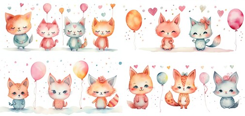 watercolor painting style illustration of cute  cat family collection set, Generative Ai