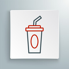 Line Paper glass with drinking straw and water icon isolated on white background. Soda drink glass. Fresh cold beverage symbol. Colorful outline concept. Vector