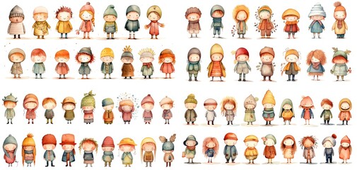 Fototapeta na wymiar watercolor style illustration, group of kids girls and boy walking together wearing winter coat hat and scarf, collection set, Generative Ai
