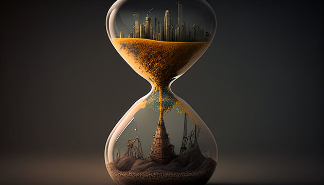 Klimawandel Sanduhr Industrie Stadt Silhouette l&auml;uft durch Sanduhr in Biosph&auml;re und zerst&ouml;rt diese, Umweltsch&auml;den irreparabel letzte Generation Welt und Erde Weltuntergang Generative AI 