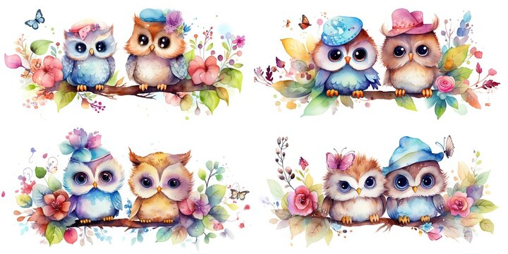 watercolor style illustration of cute owl bird wearing winter woven cap, collection set, Generative Ai