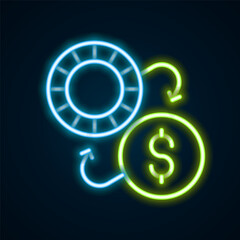 Glowing neon line Casino chips exchange on dollar icon isolated on black background. Colorful outline concept. Vector