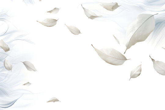 Graphically glowing white leaves were falling and being blown into the air by the wind. On a white background, it shines.