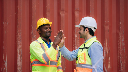Team worker stack hand and shake hands to show success work at Container cargo harbor. Logistics concept inside the shipping, import, and export industries.
