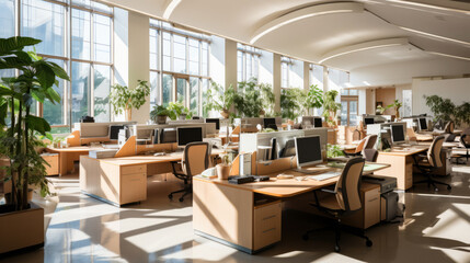 Fototapeta na wymiar A beautiful modern spacious office hall with panoramic windows and a perspective in pleasant natural beige and brown tones.