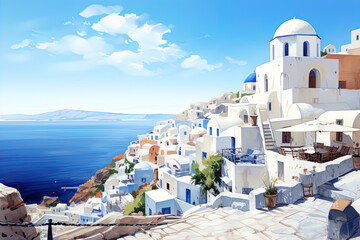 Santorini, Greece. AI generated waterwashed illustration, painting style, famous whitewashed village of Oia.