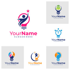 Set of Bulb with Leader logo design Template. Bulb with People logo vector illustration.