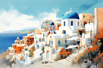 Santorini, Greece. AI generated waterwashed illustration, painting style, famous whitewashed village of Oia. - obrazy, fototapety, plakaty