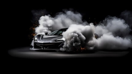 black and white image of a black car, in an explosion of smoke, on a black background
