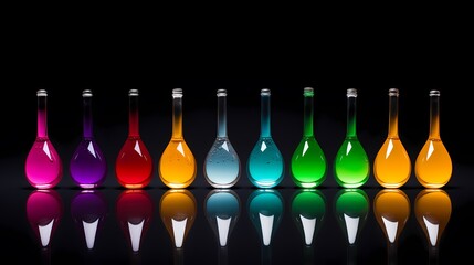 Test tubes with rainbow-colored liquid, on a deep black background.