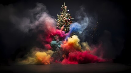 A captivating and surreal image of a Christmas tree surrounded by an explosion of vibrant smoke.