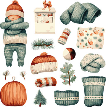 Watercolor cozy set of christmas, full color, knitted painting texture.
