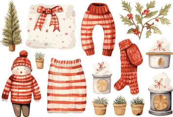 Watercolor cozy set of christmas, full color, knitted painting texture.