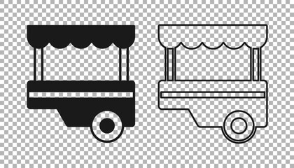 Black Fast street food cart with awning icon isolated on transparent background. Urban kiosk. Vector © Iryna