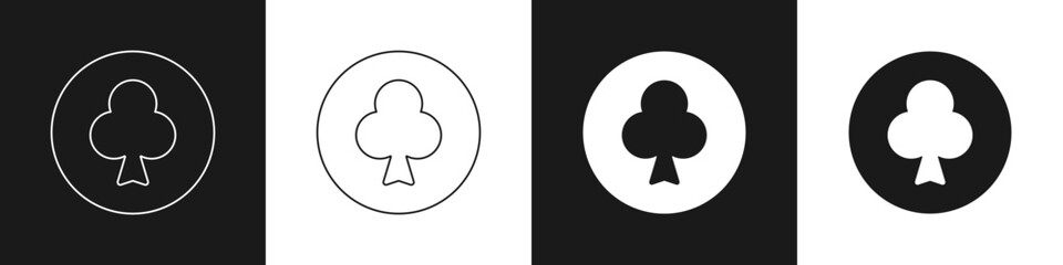 Set Playing card with clubs symbol icon isolated on black and white background. Casino gambling. Vector