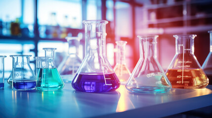 Chemical reagent bottles, scientific experiment bottles of various shapes, sizes on the table. Generative AI