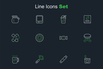 Set line Manual coffee grinder, Sugar stick packets, Coffee filter holder, cup, table, Candy, Donut and cubes icon. Vector