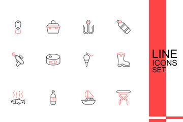 Set line Camping folding chair, Yacht sailboat, Bottle of vodka, Dead fish, Fishing boots, float, Canned and harpoon icon. Vector