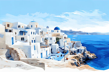 Beautiful island town in Greece. AI generated waterwashed illustration, painting style, whitewashed Cyclades Islands.