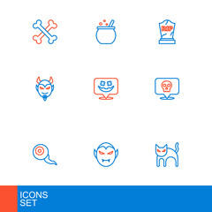 Set line Black cat, Vampire, Eye, Skull, Devil head, Happy Halloween holiday, Tombstone with RIP written and witch cauldron icon. Vector