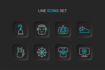Set line Skull, Shirt with skull, Spider web, Black cat, Moon and stars, Pumpkin, Frankenstein face and Pirate hook icon. Vector