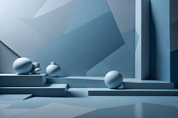 Original widescreen background image in minimalistic design with geometric shapes of light and shadow for presentation of various products in grey-blue tones. Generative AI