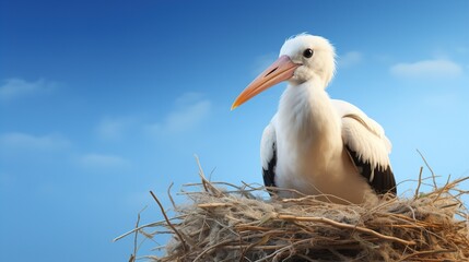 White stork in nest with copy space
