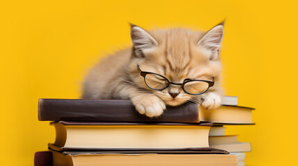 Cute cat in glasses fell asleep on a stack of books on a yellow background