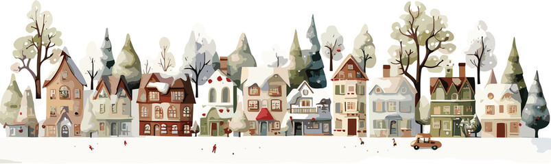 Watercolor cozy christmas village, full color, knitted painting texture.