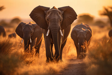 Herd of elephants in the savanna at sunset