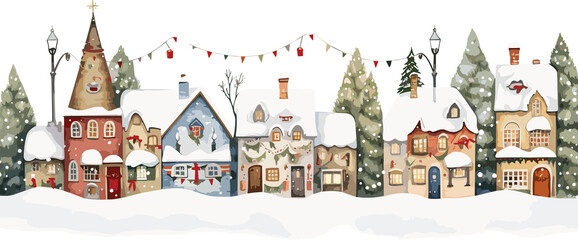 Watercolor cozy christmas village, full color, knitted painting texture.