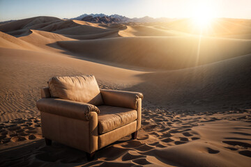 abandoned empty armchair standing in the desolate desert - obrazy, fototapety, plakaty