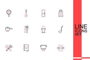 Set line Rolling pin on dough, Cooking pot fire, Cookbook, Spatula, Kitchen ladle, Chicken egg stand, Crossed knife fork and icon. Vector
