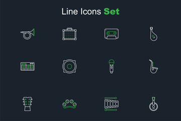 Set line Banjo, Xylophone, Tambourine, Guitar neck, Saxophone, Microphone, Stereo speaker and Music synthesizer icon. Vector