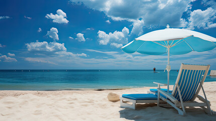 Obraz premium Pair of blue sun loungers and a beach umbrella on a deserted beach perfect vacation concept
