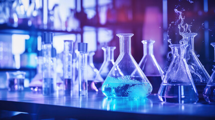 Chemical reagent bottles, scientific experiment bottles of various shapes, sizes on the table. Generative AI