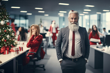 Gentle, kind and smiling Santa Claus with official red suit stand in the busy office which decorated by christmas decoration in front of crowd of employees during christmas time.