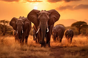 Fototapeten Herd of elephants in the savanna at sunset © Veniamin Kraskov