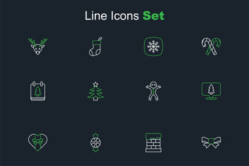 Set line Gift bow, Christmas chimney, Candy, box, tree, Holiday gingerbread man cookie, and calendar icon. Vector