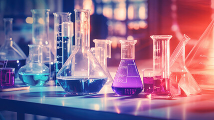 Chemical reagent bottles, scientific experiment bottles of various shapes, sizes on the table. Generative AI