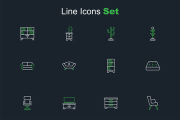 Set line Armchair, Chest of drawers, TV table stand, Office, Mattress, Lamp hanging, Sofa and icon. Vector