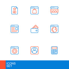 Set line Calculator, Create account screen, Browser setting, Worldwide, Advertising, Wallet with money, window and Online shopping icon. Vector