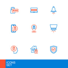 Set line Shield with check mark, House under protection, Lock, Fire sprinkler system, Mobile closed padlock, Ringing alarm bell and Laptop password icon. Vector