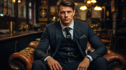 Handsome model man in a finely tailored suit, exuding confidence and elegance. Generative AI