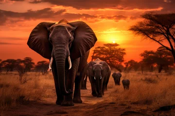 Foto op Plexiglas Toilet Herd of elephants in the savanna at sunset