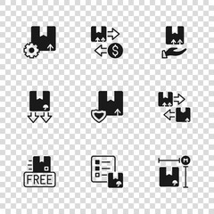 Set Verification of delivery list, Cardboard box with traffic symbol, measurement, Delivery security shield, hand, Gear package, Tax cardboard and icon. Vector