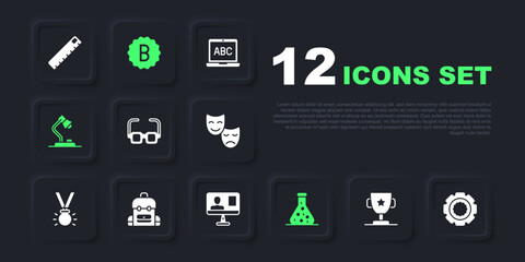 Set Award cup, Gear, Glasses, Test tube, Table lamp, School backpack, Exam paper with incorrect answers and Online class icon. Vector