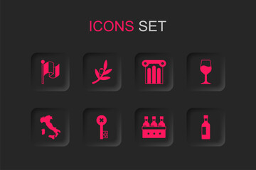 Set Old key, Olives branch, Flag Italy, Bottles of wine, Wine glass, Ancient column and Map icon. Vector