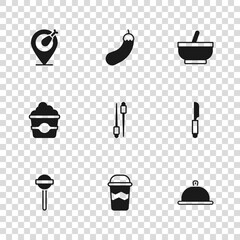 Set Coffee cup to go, Knife, Covered with tray food, Food chopsticks, Mortar and pestle, Chicken leg, Eggplant and Popcorn in cardboard box icon. Vector