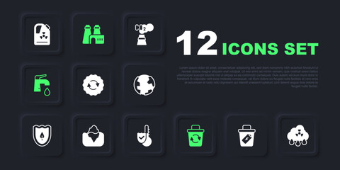 Set Trash can, Acid rain radioactive cloud, Recycle symbol, bin, Water tap, Iceberg, Factory production and Thermometer icon. Vector
